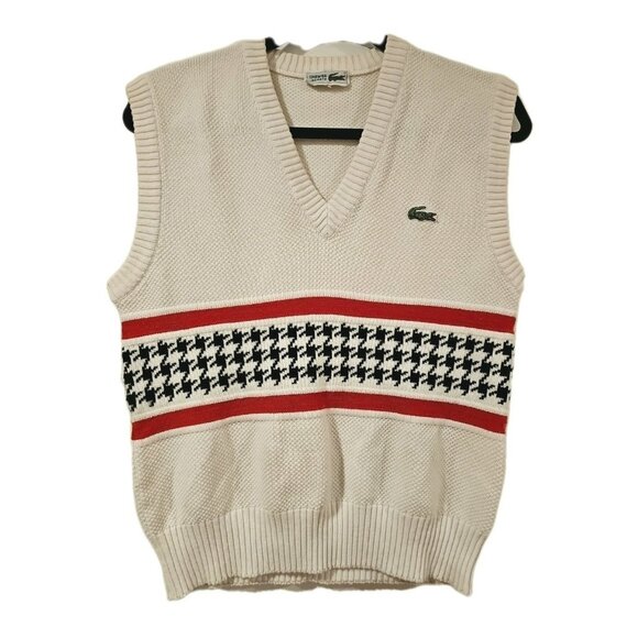 Vintage Lacoste Tight-Knit Vest Houndstooth Men Medium Preppy Academia Nautical - Picture 2 of 6